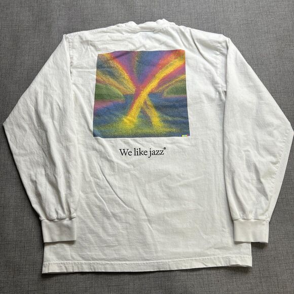 OpenAI T-Shirt Men's M White Long Sleeve Spellout Logo We Like Jazz Pullover